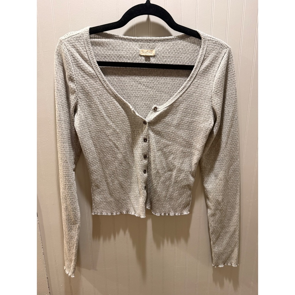 Pilcro Anthropologie‎ Waffle Knit Cardigan Grey Lettuce Edge Thermal Top Small